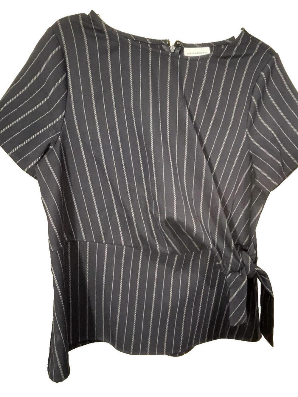 Women’s Liz Claiborne Wrap Style Blouse Black & White Pinstripes Sz M - Picture 1 of 6